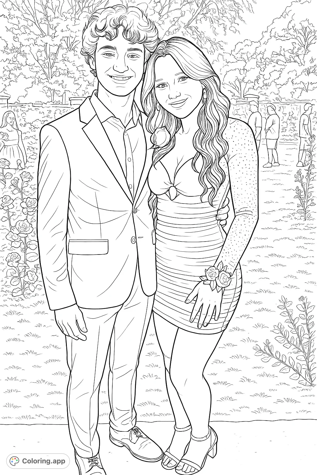 Capture the elegance of a young couple dressed formally, standing amidst blooming rose bushes in a beautiful garden setting. Perfect for a special occasion.