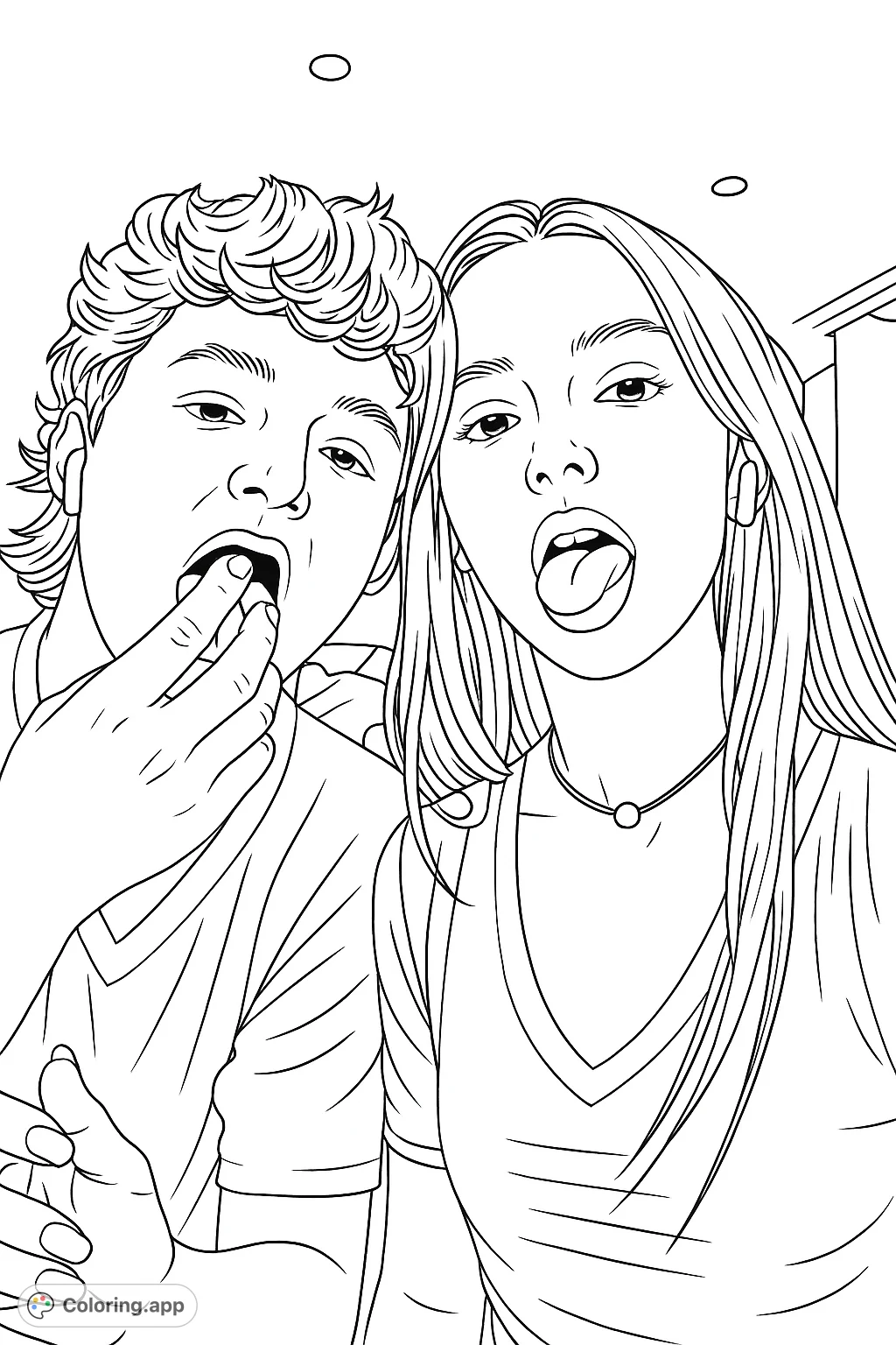 Capture the playful spirit of two young individuals in a close-up portrait. One with fingers in mouth, the other with tongue out. A fun, expressive scene.