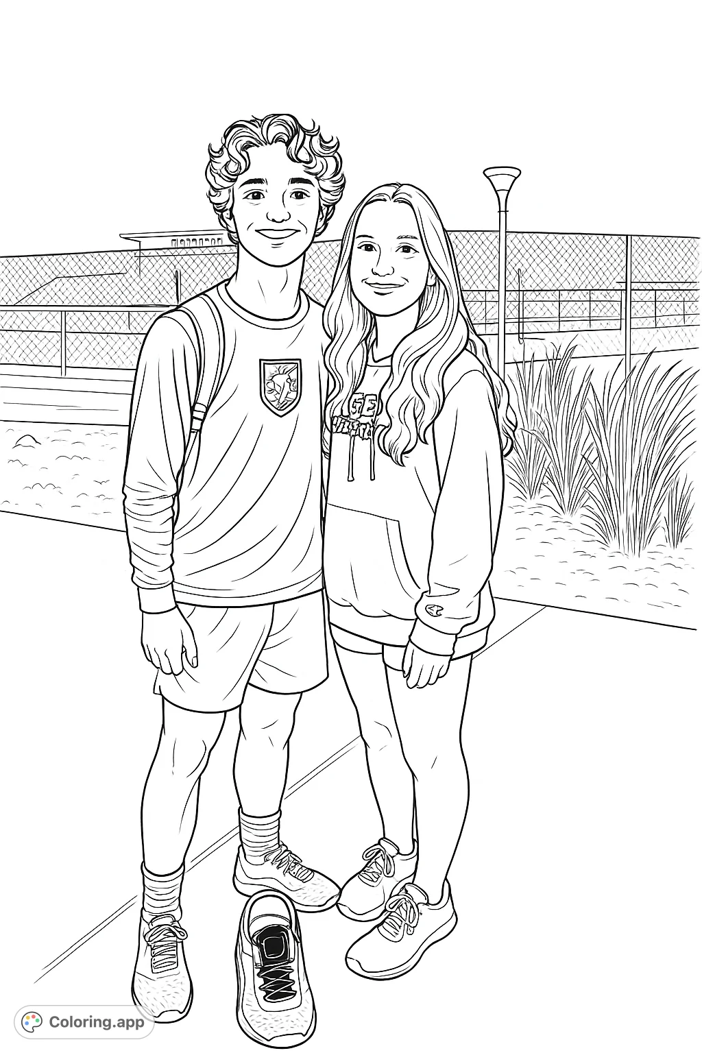 Capture a moment of friendship with this engaging coloring page featuring two smiling individuals against an outdoor backdrop. Perfect for personalizing!