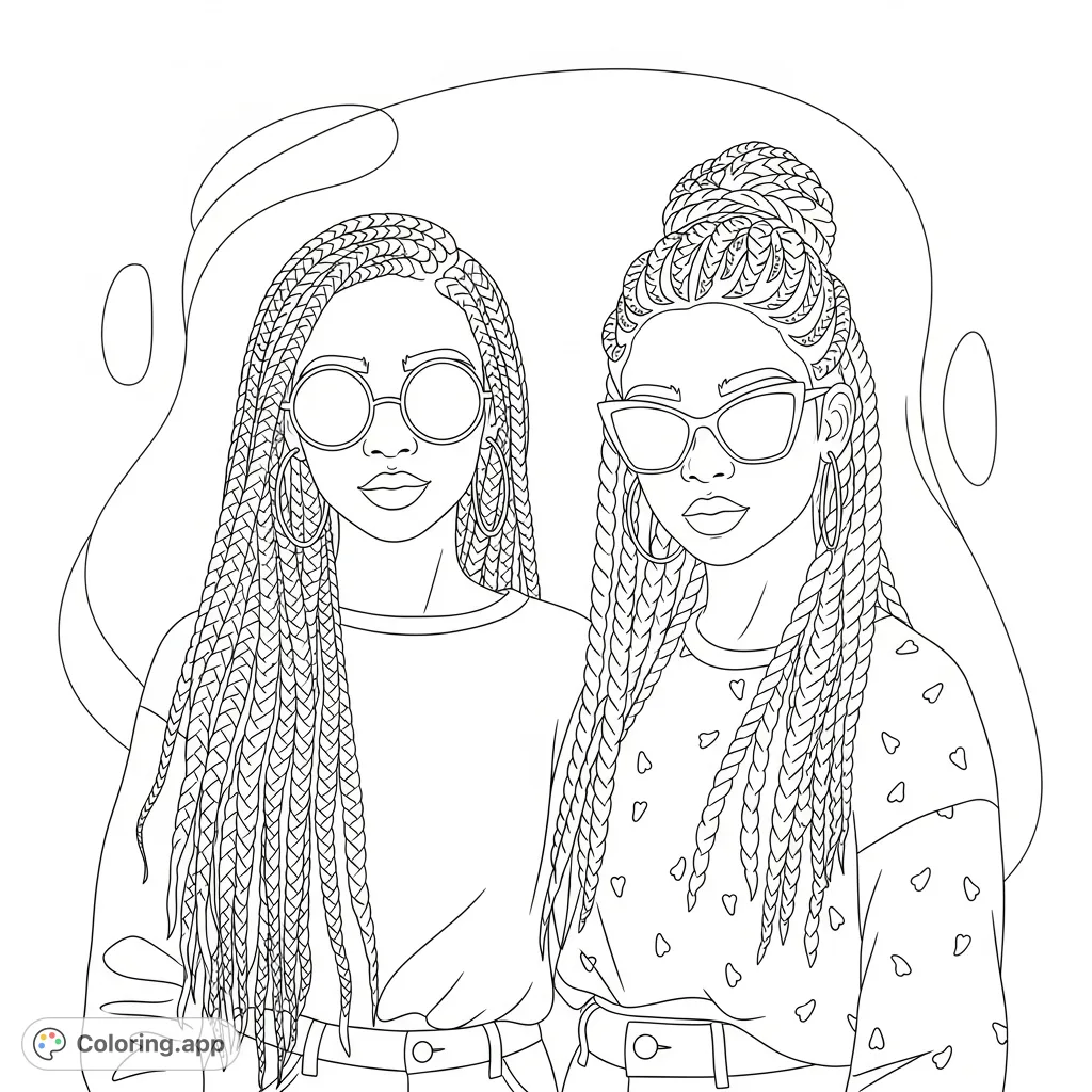 Celebrate style and confidence with this African American girls coloring page. Features two girls with intricate braids and cool sunglasses, perfect for creative expression.
