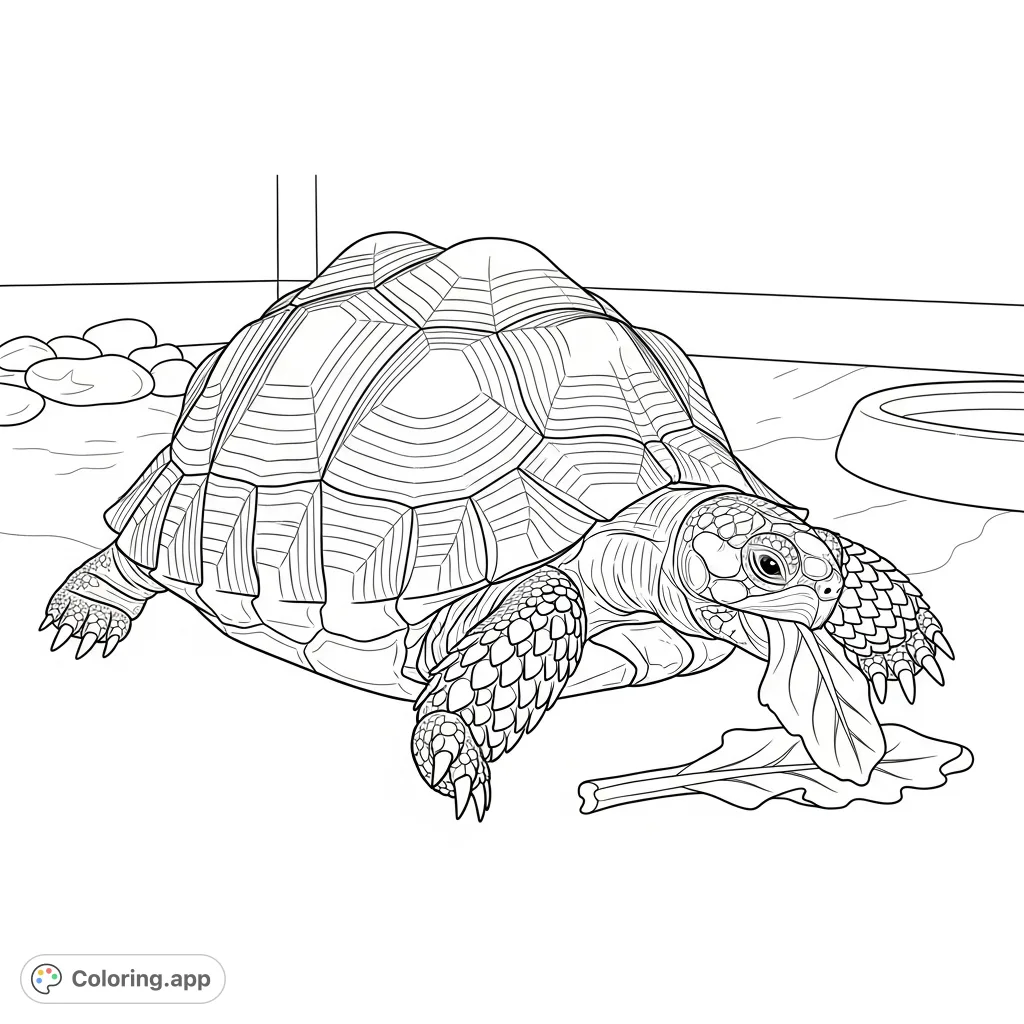 A charming pet turtle with a distinctively patterned shell enjoys a leafy meal. This free printable turtle coloring page offers a relaxing and engaging creative experience.