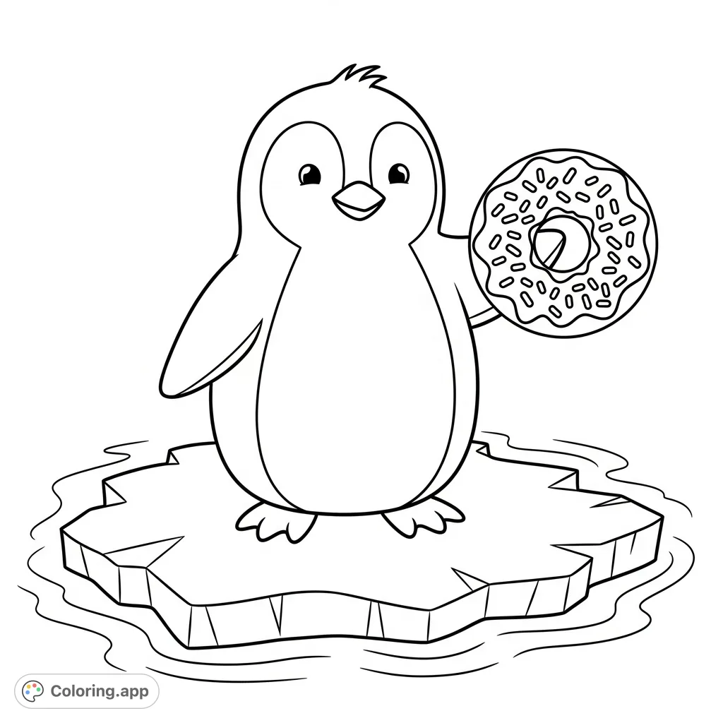 A cheerful cartoon penguin stands on a floating ice floe, happily enjoying a delicious donut. A whimsical scene perfect for a fun coloring adventure.