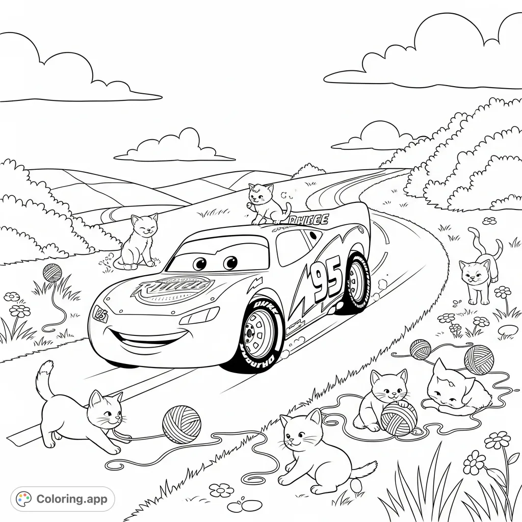 Race into summer fun with this Lightning McQueen coloring page! Join the beloved car as he drives through a sunny landscape with playful kittens.
