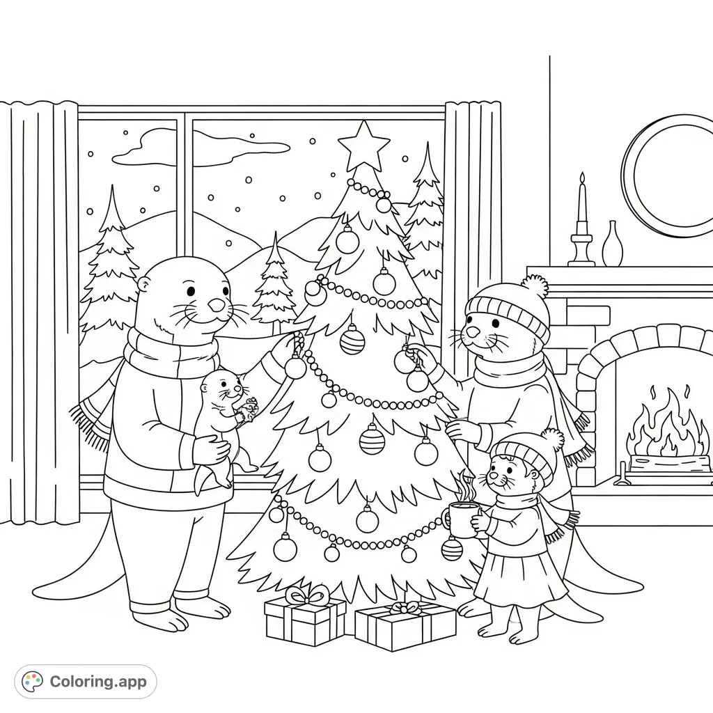A charming otter family coloring page featuring a mom, dad, and two young otters decorating a Christmas tree, with a cozy fireplace and snowy window scene.