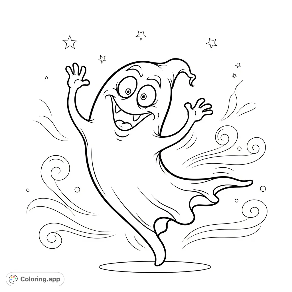 A whimsical ghost with a funny face dances playfully amidst magical swirls. This fantasy ghost coloring page is a free printable for joyful coloring!