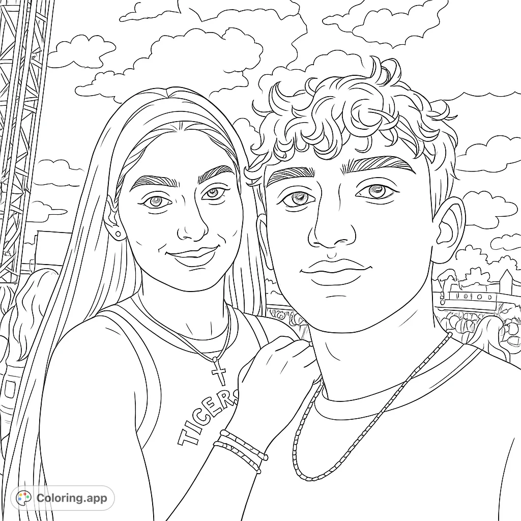 Capture the joy of a fairground outing with two friends, surrounded by exciting rides and a dynamic sky. A fun, engaging coloring page for all ages.