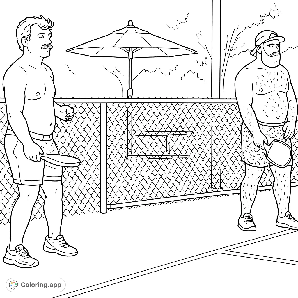 Two men enjoy a lively pickleball match on a court at night, with paddles ready for action. A fun sports coloring page.