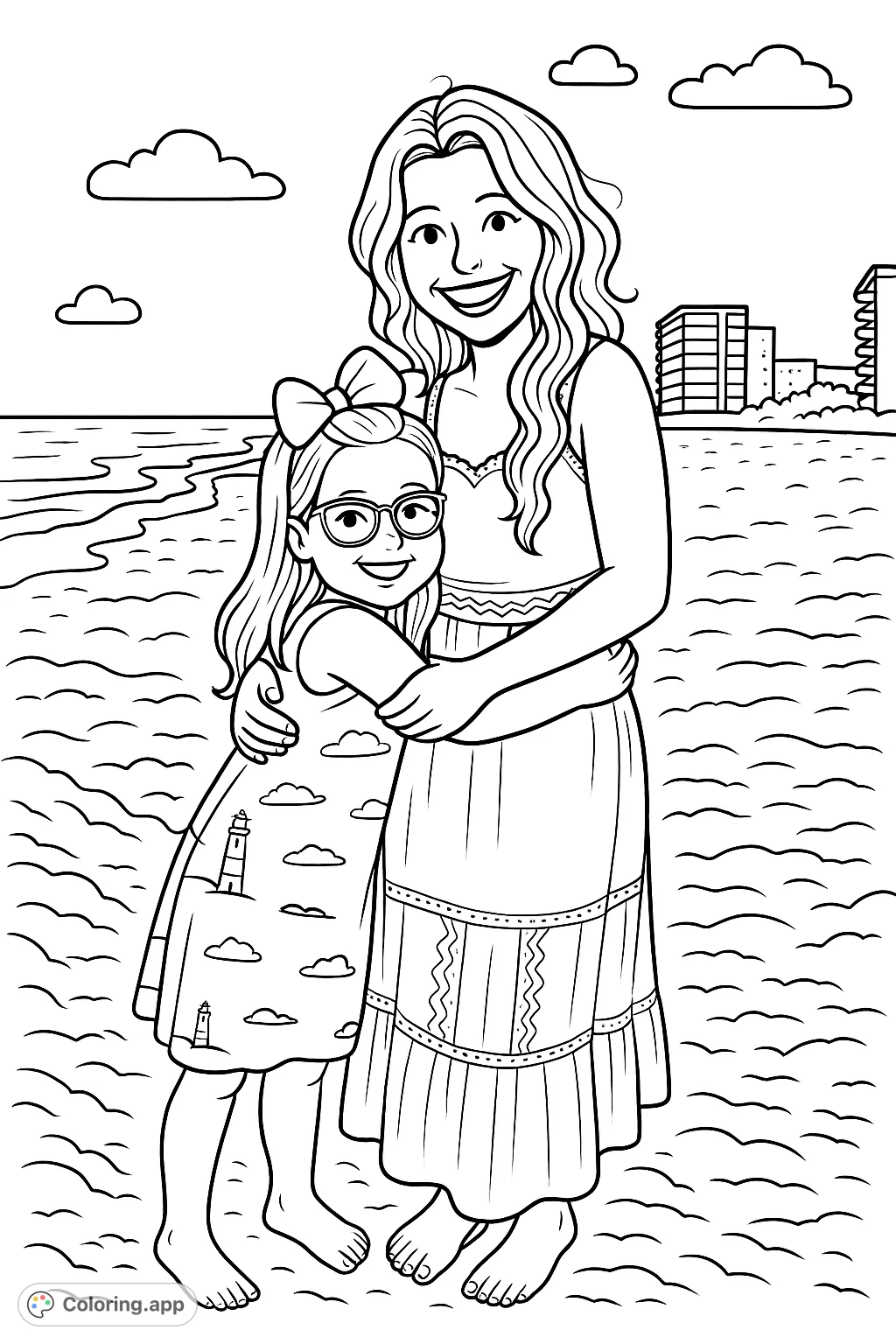Capture a heartwarming moment of a woman and child embracing on a sandy beach. This cartoony coloring page features patterned dresses and a serene coastal backdrop.