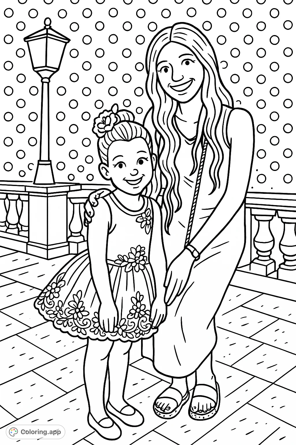 Capture a heartwarming moment with this mother and daughter duo, featuring a girl in a dazzling performance dress and a background with a fun polka dot pattern.