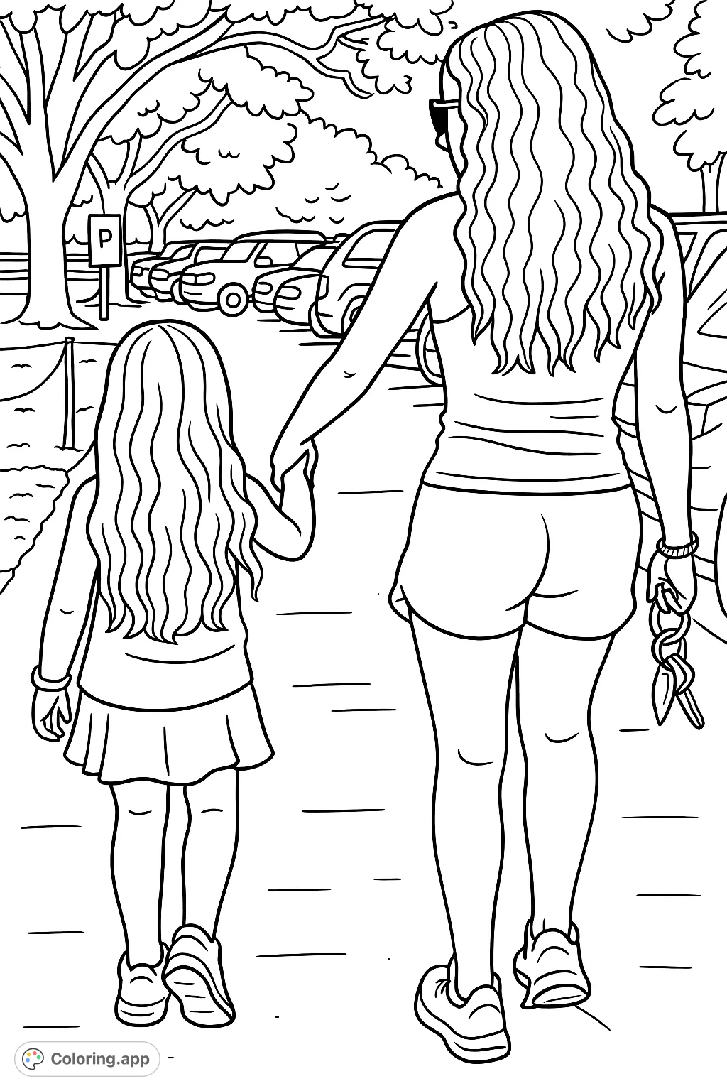 A heartwarming cartoony coloring page featuring an adult and child walking hand in hand on a path, surrounded by trees and parked cars. A joyful scene to color!