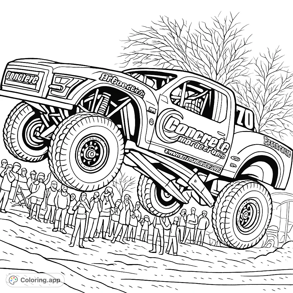 Experience the thrill of off-road racing with this dynamic coloring page featuring a powerful truck captured mid-air above a cheering crowd.