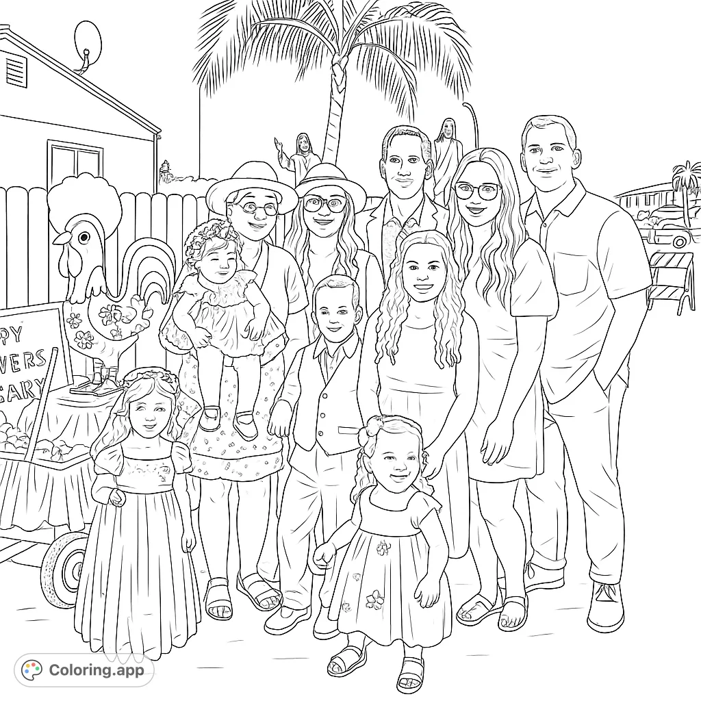 A joyful community gathering featuring families, children in festive attire, and unique decorations. Perfect for celebrating togetherness and local events.