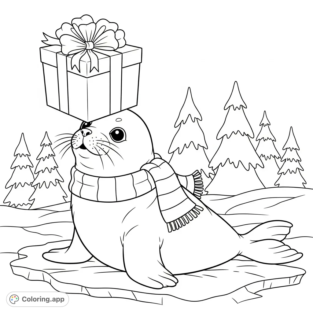 A charming baby seal balances a wrapped gift on its nose, wearing a striped scarf on snowy ice with pine trees in the distance. A delightful winter scene.