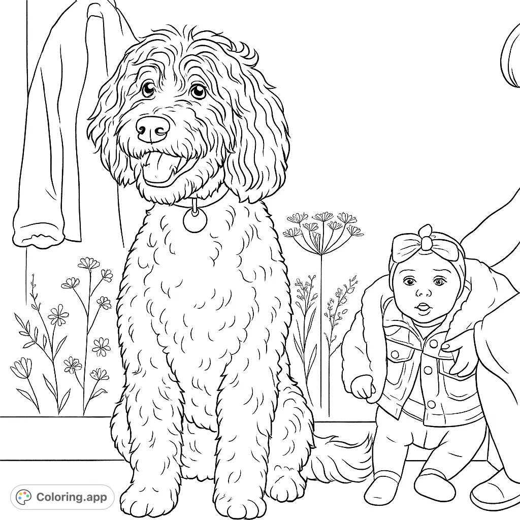 A heartwarming dog and baby coloring page featuring a shaggy dog and an adorable infant, surrounded by delicate floral wall decor.