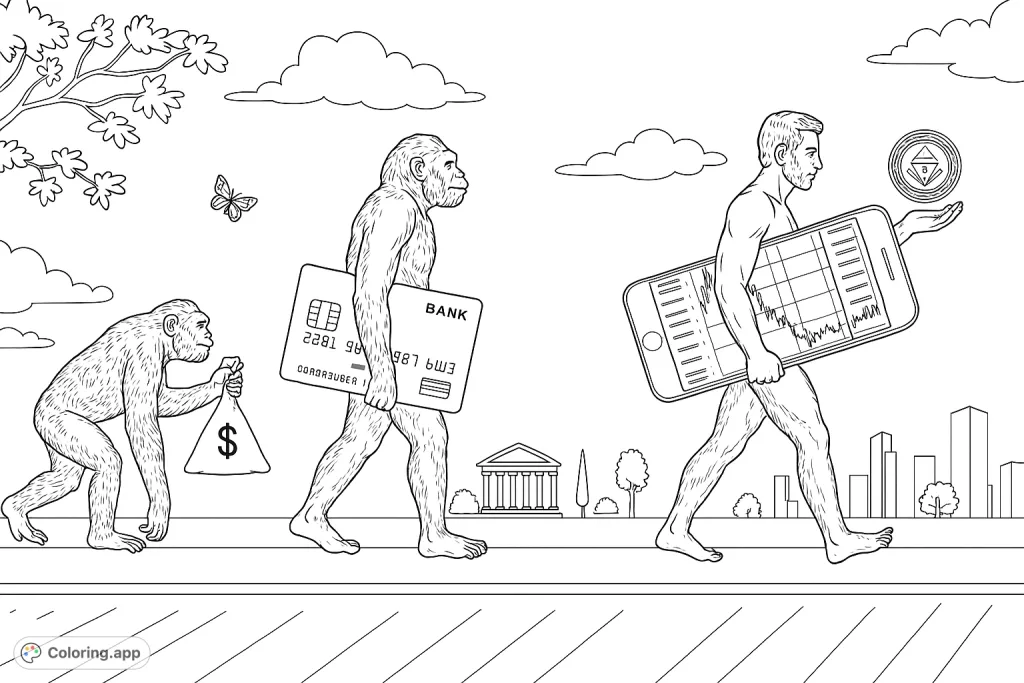Explore the journey of finance from early currency to digital assets, depicted through an evolutionary sequence. A thought-provoking and detailed coloring page.