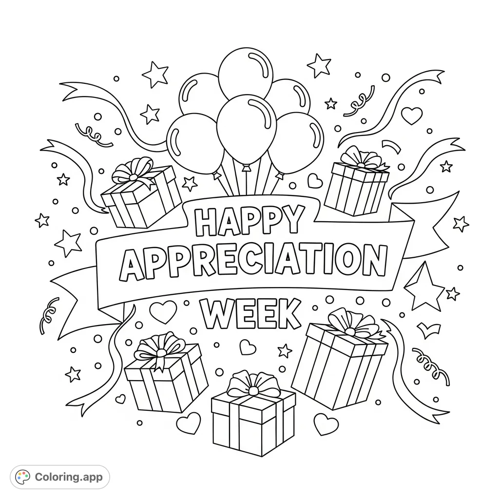 Celebrate gratitude with this festive Happy Appreciation Week coloring page! Features a decorative banner, balloons, gifts, and confetti for a joyful scene.