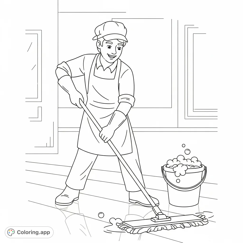 A cheerful person with a big smile happily mops a clean floor, celebrating the joy of housekeeping. Perfect for Housekeeping Appreciation Week!
