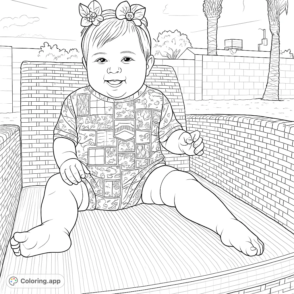 A delightful baby with a big smile sits on an outdoor chair, wearing a charming patterned outfit and cute hair accessories. Perfect for a joyful coloring experience!