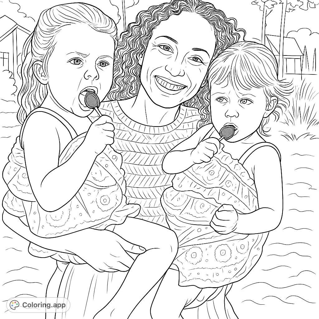 A heartwarming beach scene featuring a smiling woman holding two young children enjoying lollipops. Perfect for a relaxing coloring experience.