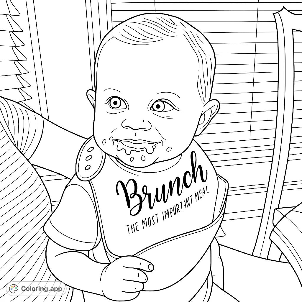 Capture the joy of a messy mealtime with this adorable baby coloring page, featuring a smiling infant covered in food and a fun bib.