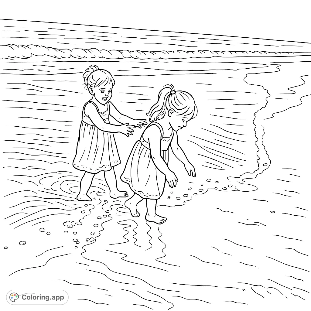 Capture the joy of two children playing hand-in-hand in the gentle ocean waves. A delightful beach scene perfect for imaginative coloring fun.