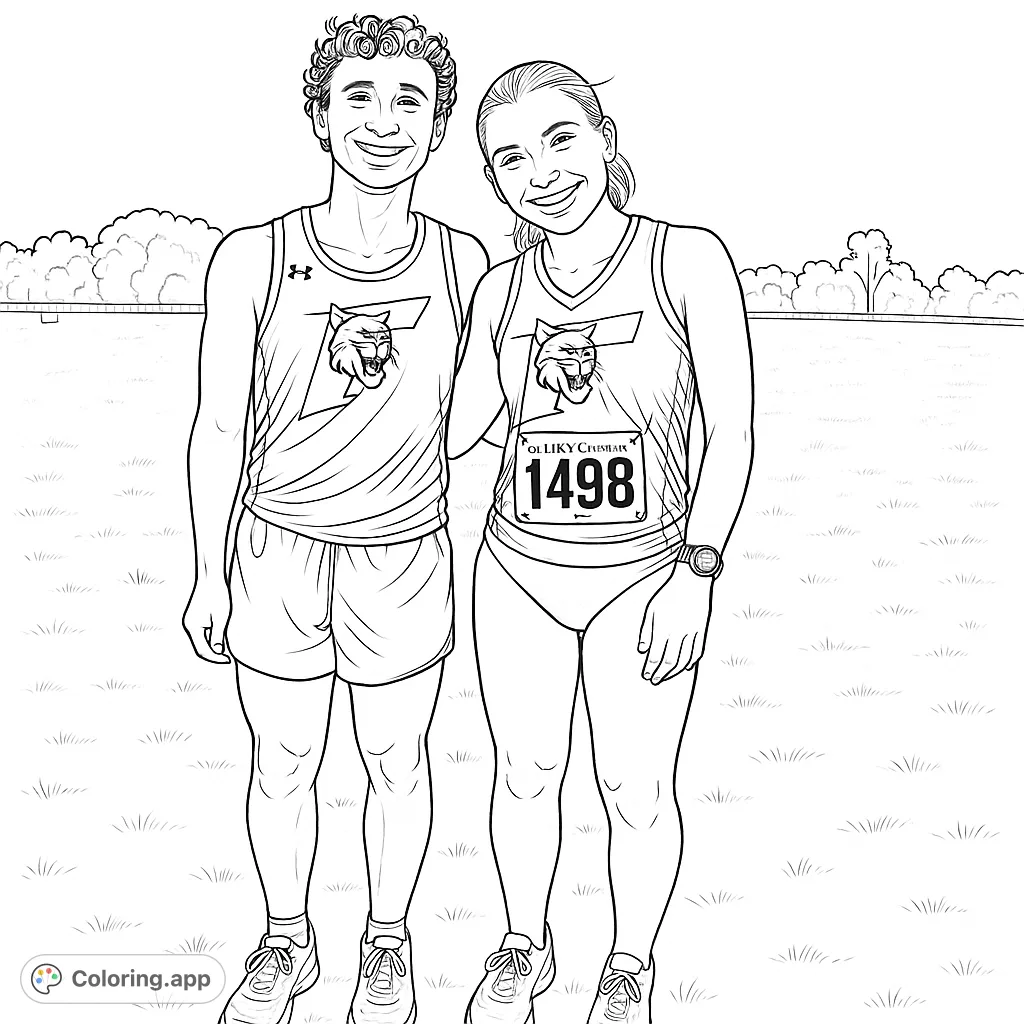Two smiling athletes in race gear stand on a grassy field, ready for a cross country event. Perfect for sports enthusiasts.