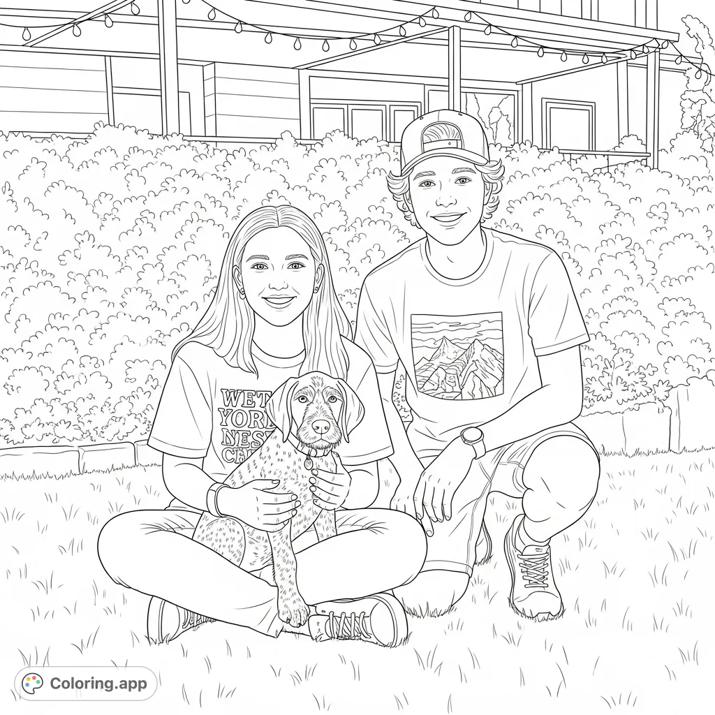 A heartwarming outdoor scene featuring a young couple with their adorable German Wire Hair puppy, surrounded by textured shrubbery and string lights.