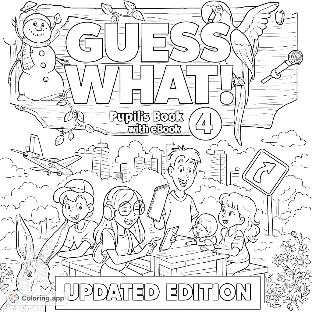 A vibrant coloring page featuring children, animals, and cityscapes. Explore a world of learning and fun with diverse characters and engaging elements.