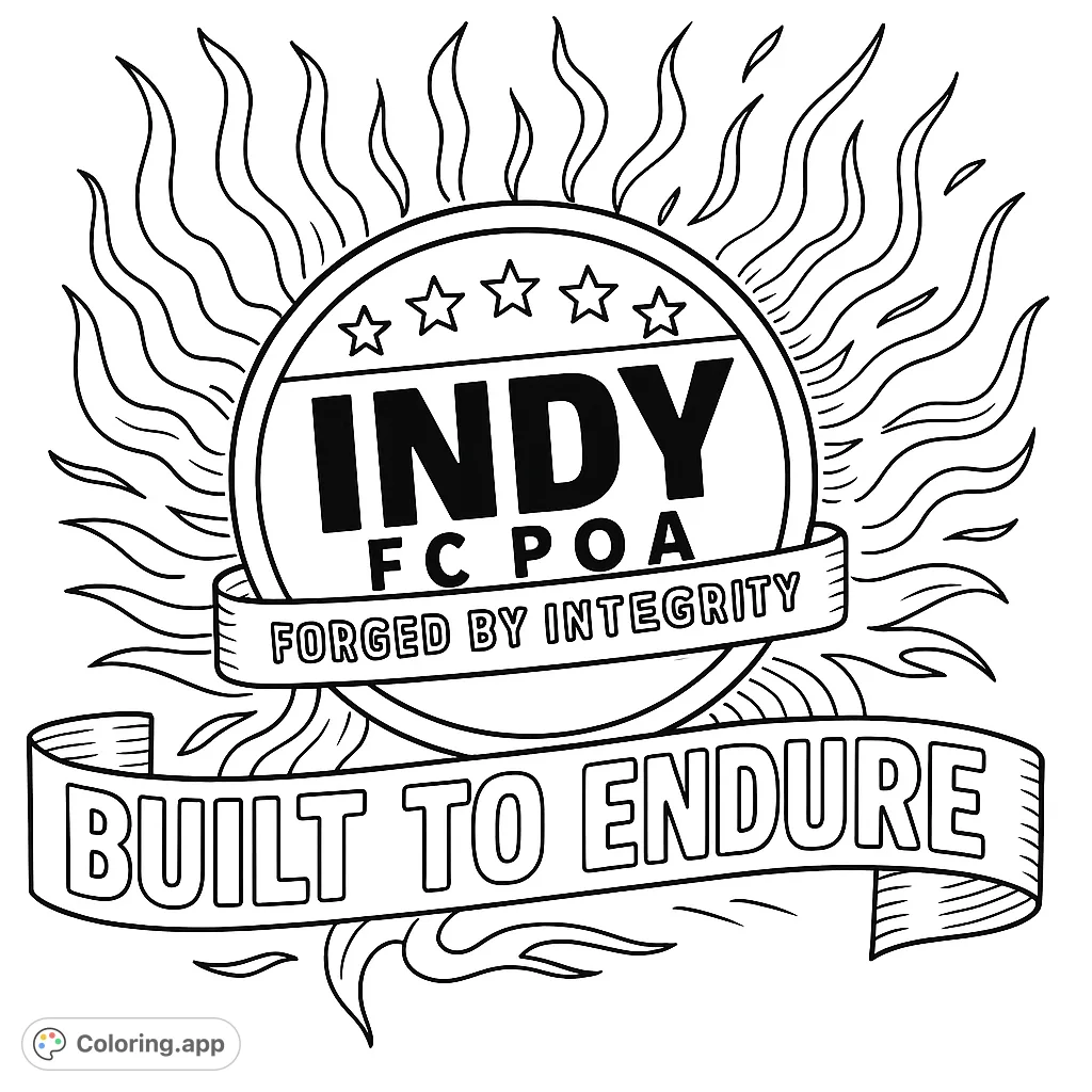 Color this powerful emblem featuring bold text, five stars, and inspiring mottos, all surrounded by dynamic flame patterns. A striking design for fans.
