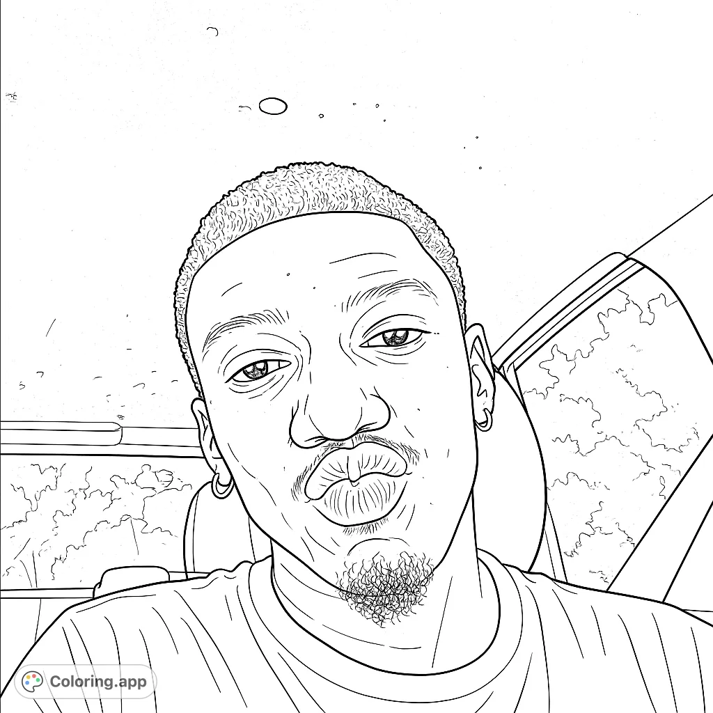 A playful portrait of a person making a puckered face, seated in a vehicle with foliage visible outside. A fun and expressive coloring page.