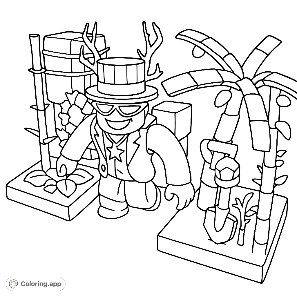 A unique blocky character in a top hat and jacket, surrounded by stylized plants and intriguing objects on a segmented platform. Perfect for creative coloring!