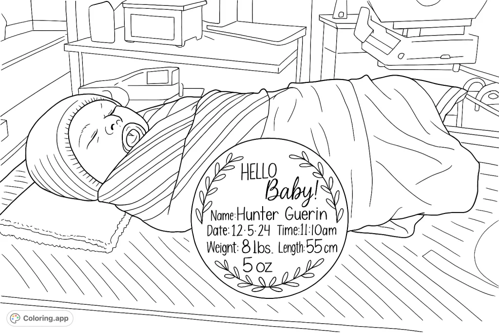 Celebrate new beginnings with this heartwarming newborn baby coloring page, featuring a sleeping infant and a personalized birth announcement sign.