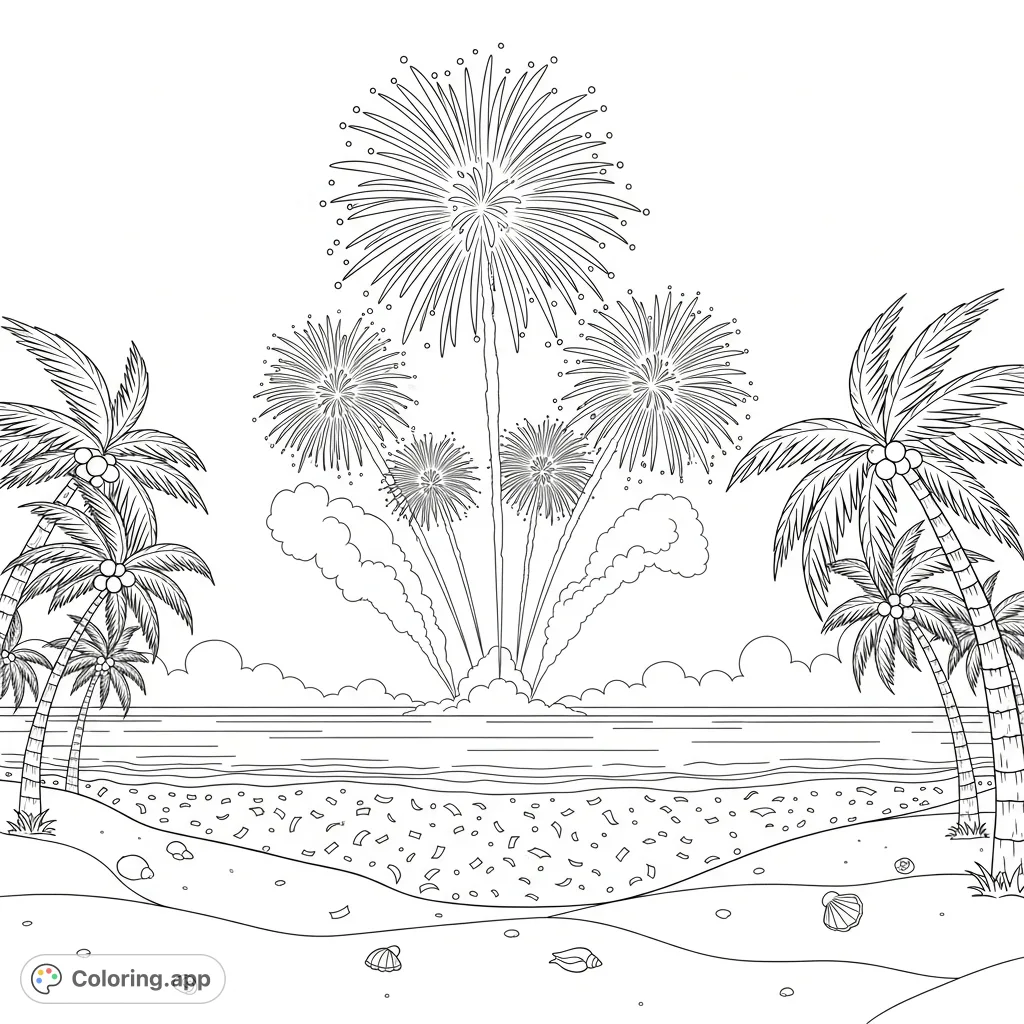 Celebrate New Year's Eve with this beach fireworks scene! Elaborate bursts light up the sky above the ocean, with scattered confetti on the sand.