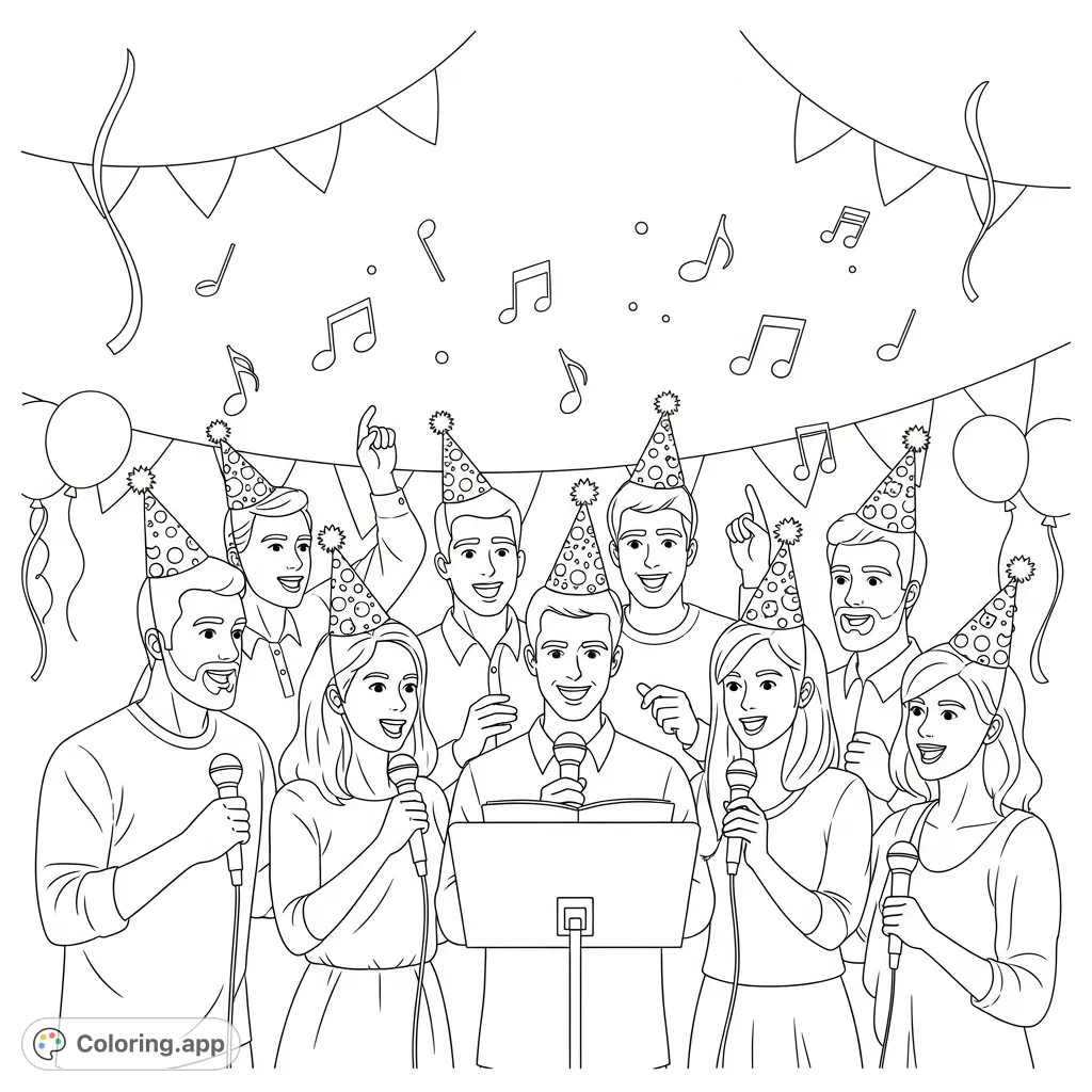 A vibrant birthday scene awaits your colors! Featuring joyful singers in festive party hats, surrounded by musical notes. Perfect for a fun-filled celebration.