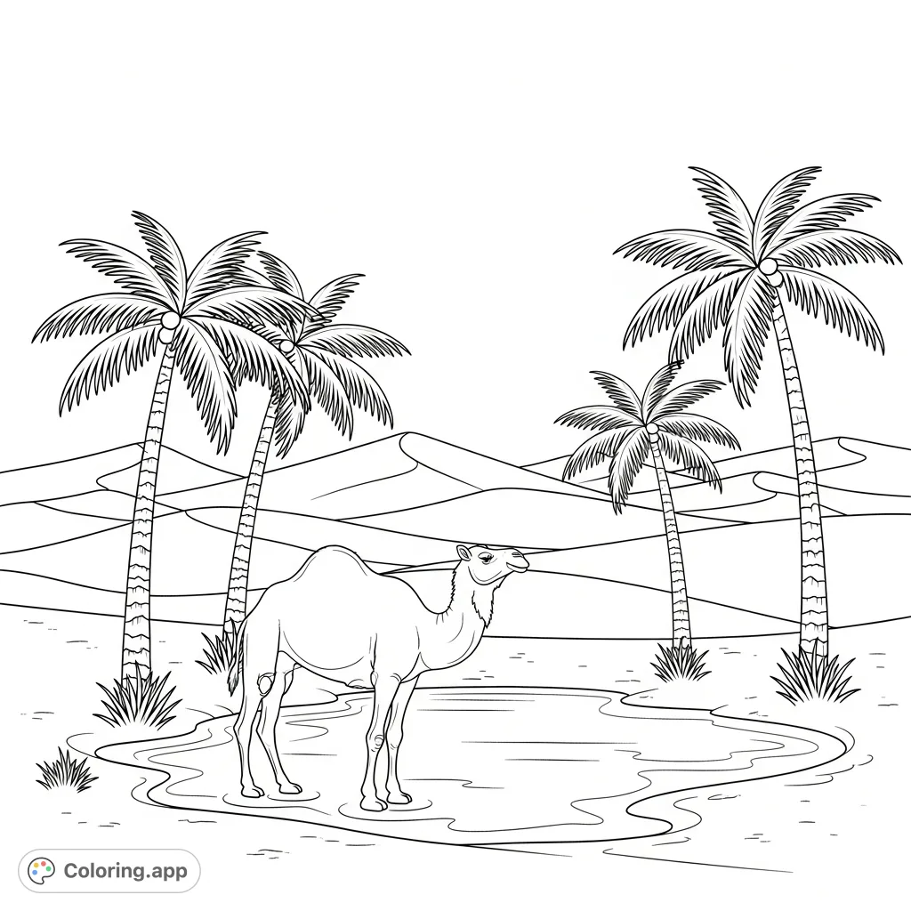 Discover a serene desert camel coloring page. A majestic camel rests by a tranquil oasis, surrounded by tall palm trees and rolling sand dunes.