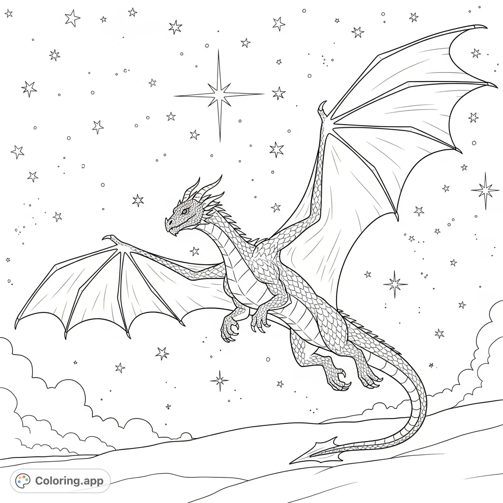 A magnificent flying dragon soaring through a celestial night sky filled with twinkling stars, perfect for mythical creature enthusiasts.