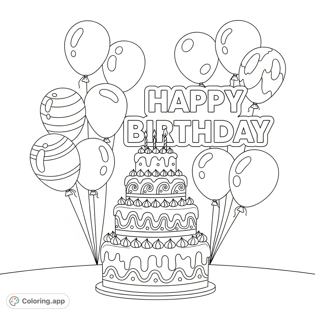 A delightful birthday coloring page showcasing a multi-tiered cake with frosting, floating balloons, and a "Happy Birthday" sign. A perfect free printable coloring page for festive fun!