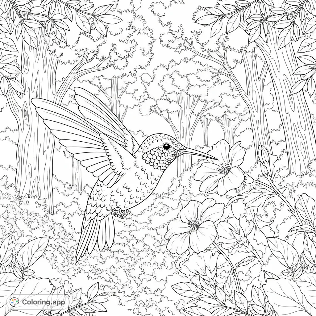 A beautiful hummingbird coloring page featuring a delicate bird in mid-flight amidst lush forest foliage and blooming flowers. A free printable coloring page for nature lovers.