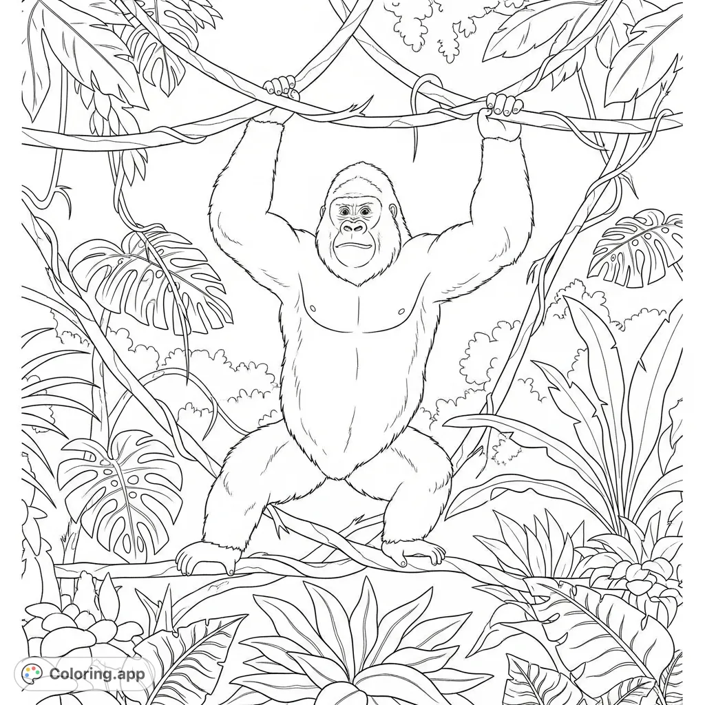 A powerful gorilla scales thick jungle vines amidst lush foliage. This dynamic scene offers an engaging gorilla coloring page for all ages.