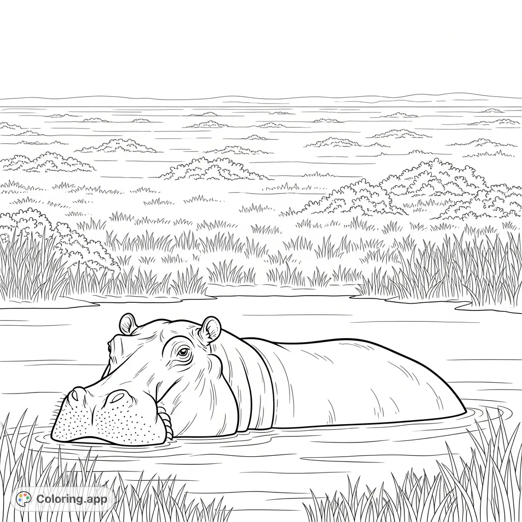 A majestic hippo relaxes in a savanna watering hole, surrounded by expansive grassy plains. A peaceful scene for animal lovers of all ages to color.