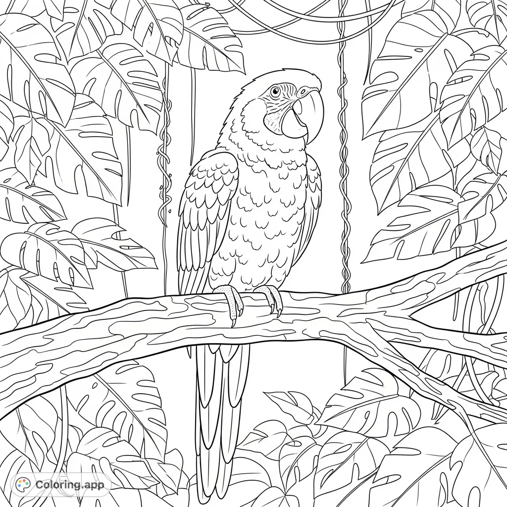 Discover a detailed parrot perched on a jungle tree branch, surrounded by lush foliage and winding vines. A captivating scene for all ages.