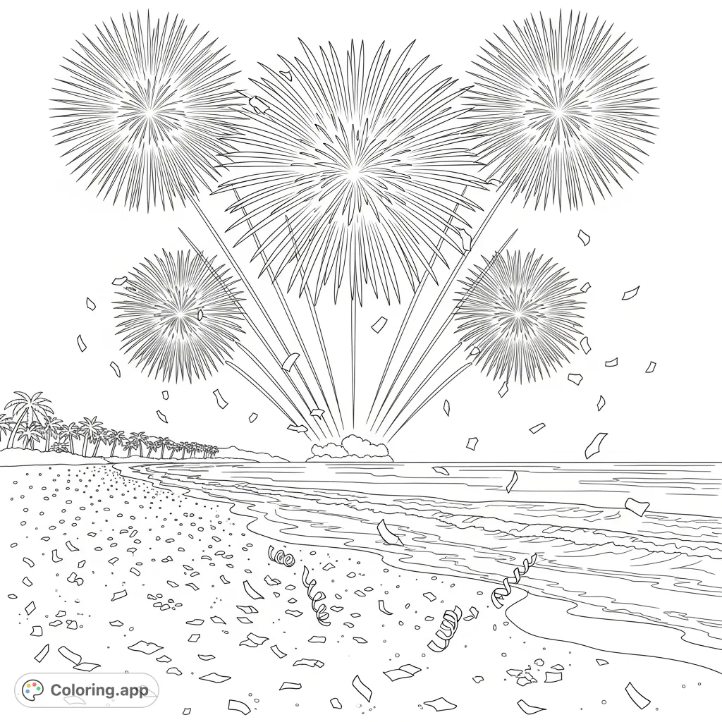 Celebrate the New Year with this festive beach scene, featuring dazzling fireworks exploding over the ocean and confetti scattered on the sand. A free printable New Year coloring page.