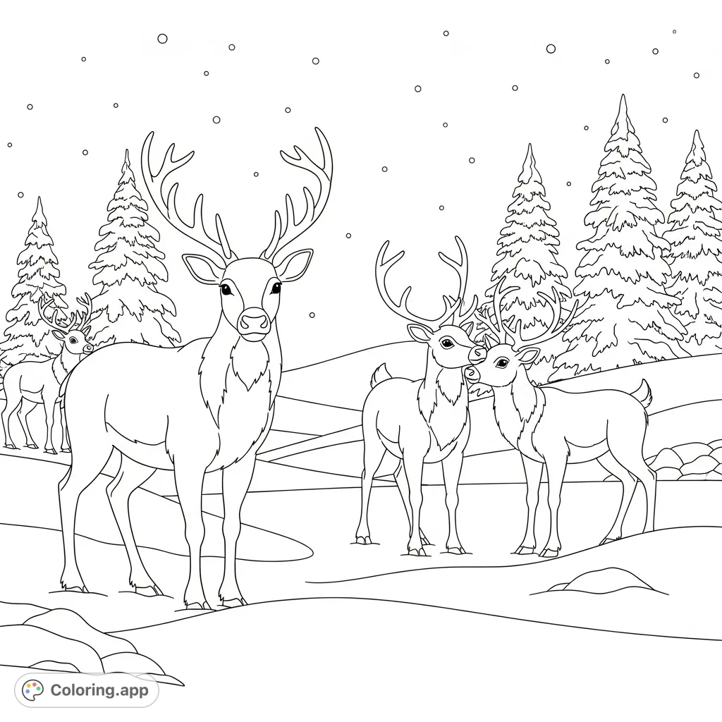 A delightful Christmas reindeer coloring page featuring friendly reindeer playing in a winter wonderland. Perfect free printable for festive fun! Explore the joy of the season.