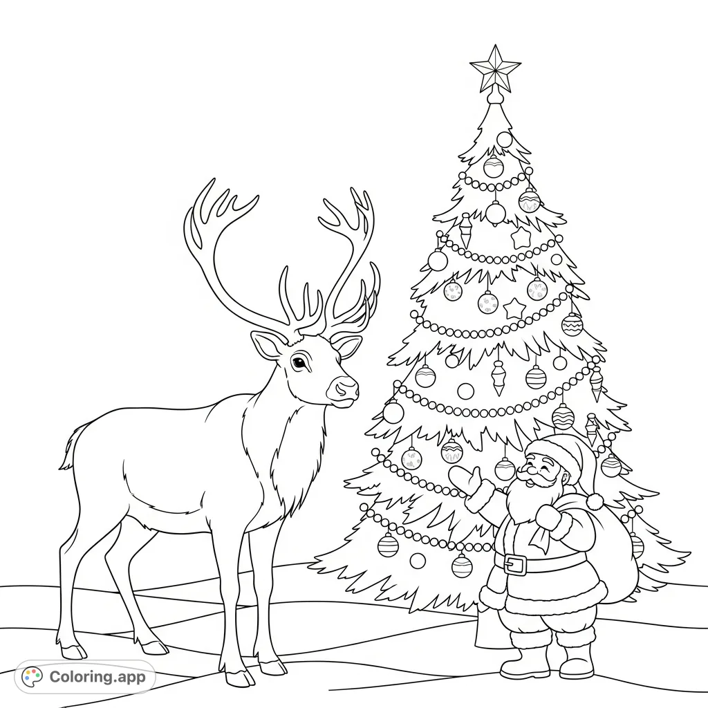 A delightful Christmas reindeer coloring page featuring a majestic reindeer, a jolly Santa, and a beautifully decorated Christmas tree, perfect for holiday joy.