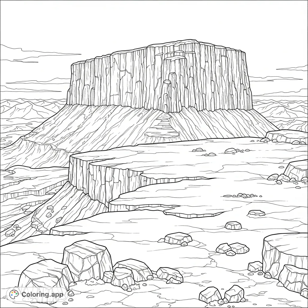 Explore a dramatic rocky tabletop mountain plateau with vast, rugged surfaces and sheer cliffs, perfect for a nature coloring page.