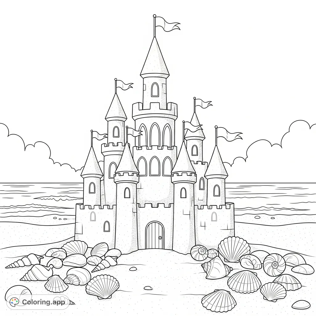 A charming sandy beach coloring page featuring an elaborate sandcastle adorned with various seashells, set against the gentle ocean waves.