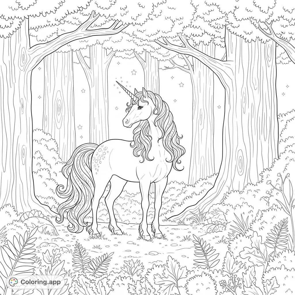 A majestic unicorn shines with sparkling mane and a glowing horn, amidst an enchanted forest with luminous elements. A magical fantasy coloring page for all.