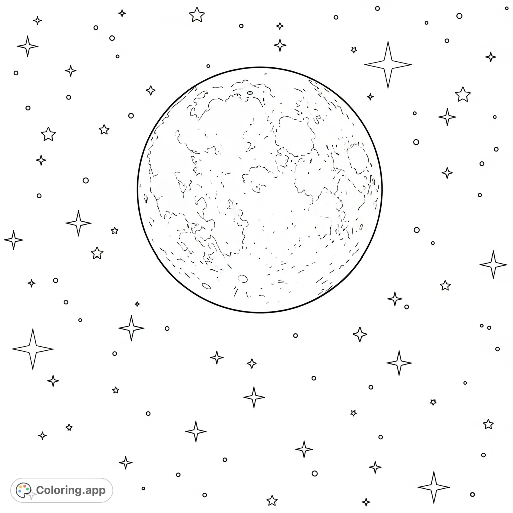 Explore a serene night sky with a radiant full moon and twinkling stars. Perfect for a peaceful celestial coloring experience.