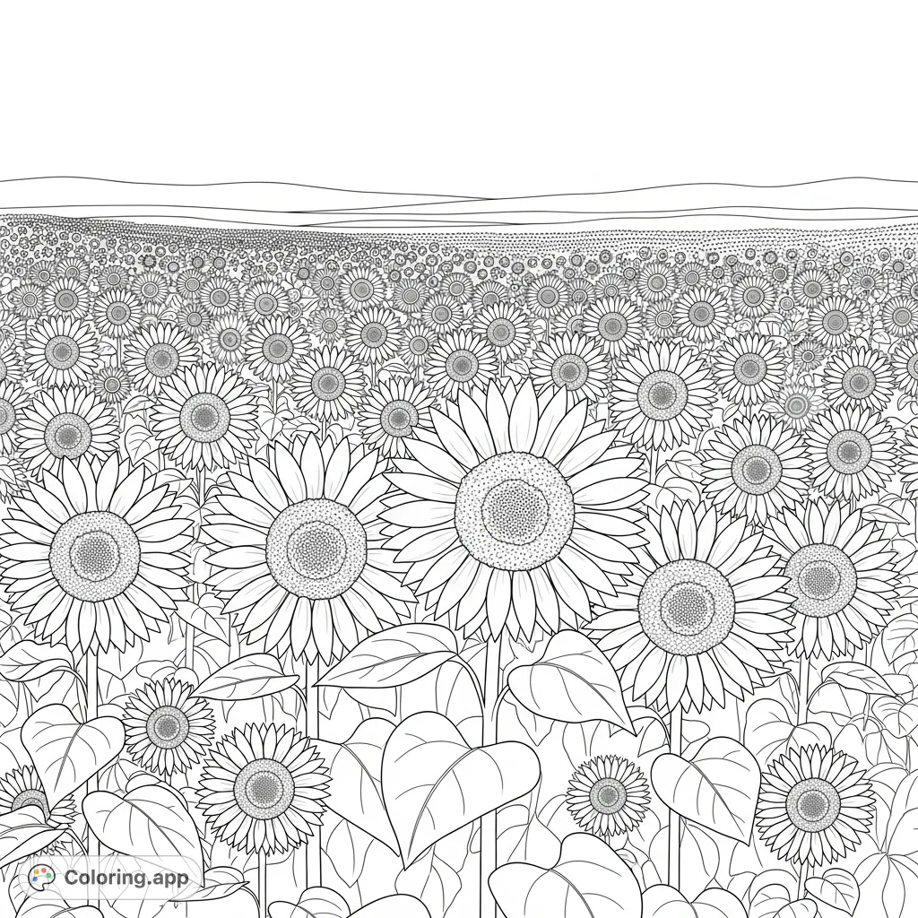 Immerse yourself in a beautiful sunflower field coloring page, perfect for nature lovers. Features a vast expanse of blooming sunflowers under a clear sky.
