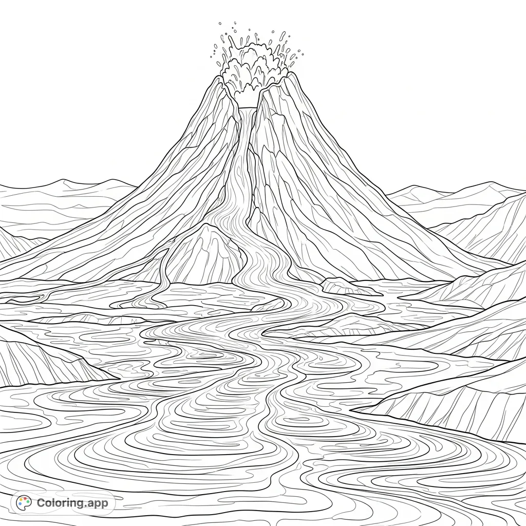 Witness the raw power of nature with this volcano lava flow. Intricate molten rivers cascade down rugged slopes in a dramatic mountain landscape.